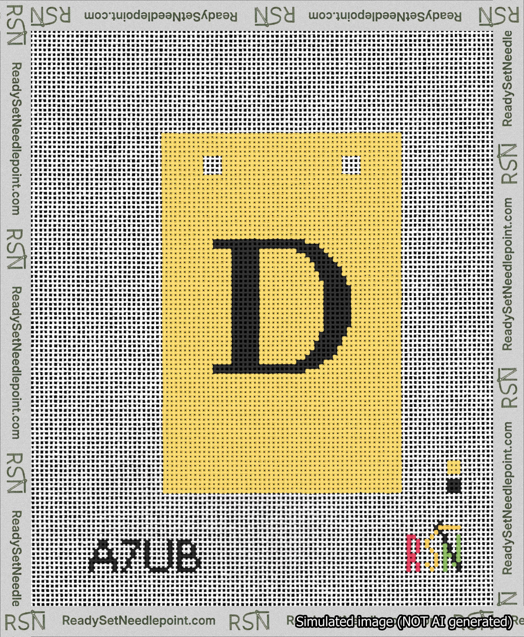 A taped needlepoint canvas with the design: Banner 13 mesh count Squared D Black on Yellow.