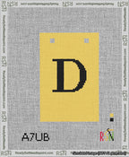 A taped needlepoint canvas with the design: Banner 13 mesh count Squared D Black on Yellow.