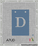 A taped needlepoint canvas with the design: Banner 13 mesh count Squared D White on Blue.