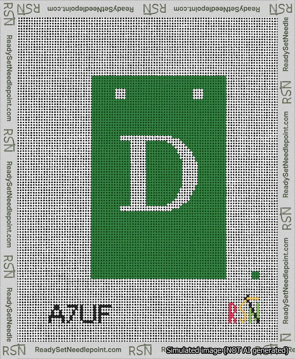 A taped needlepoint canvas with the design: Banner 13 mesh count Squared D White on Green.