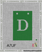 A taped needlepoint canvas with the design: Banner 13 mesh count Squared D White on Green.