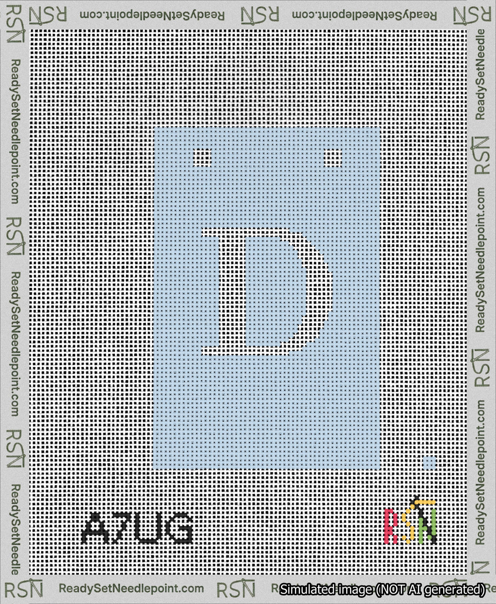 A taped needlepoint canvas with the design: Banner 13 mesh count Squared D White on Light Blue.