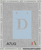 A taped needlepoint canvas with the design: Banner 13 mesh count Squared D White on Light Blue.