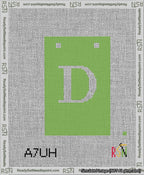 A taped needlepoint canvas with the design: Banner 13 mesh count Squared D White on Light Green.