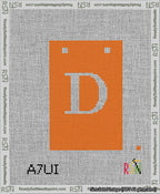 A taped needlepoint canvas with the design: Banner 13 mesh count Squared D White on Orange.
