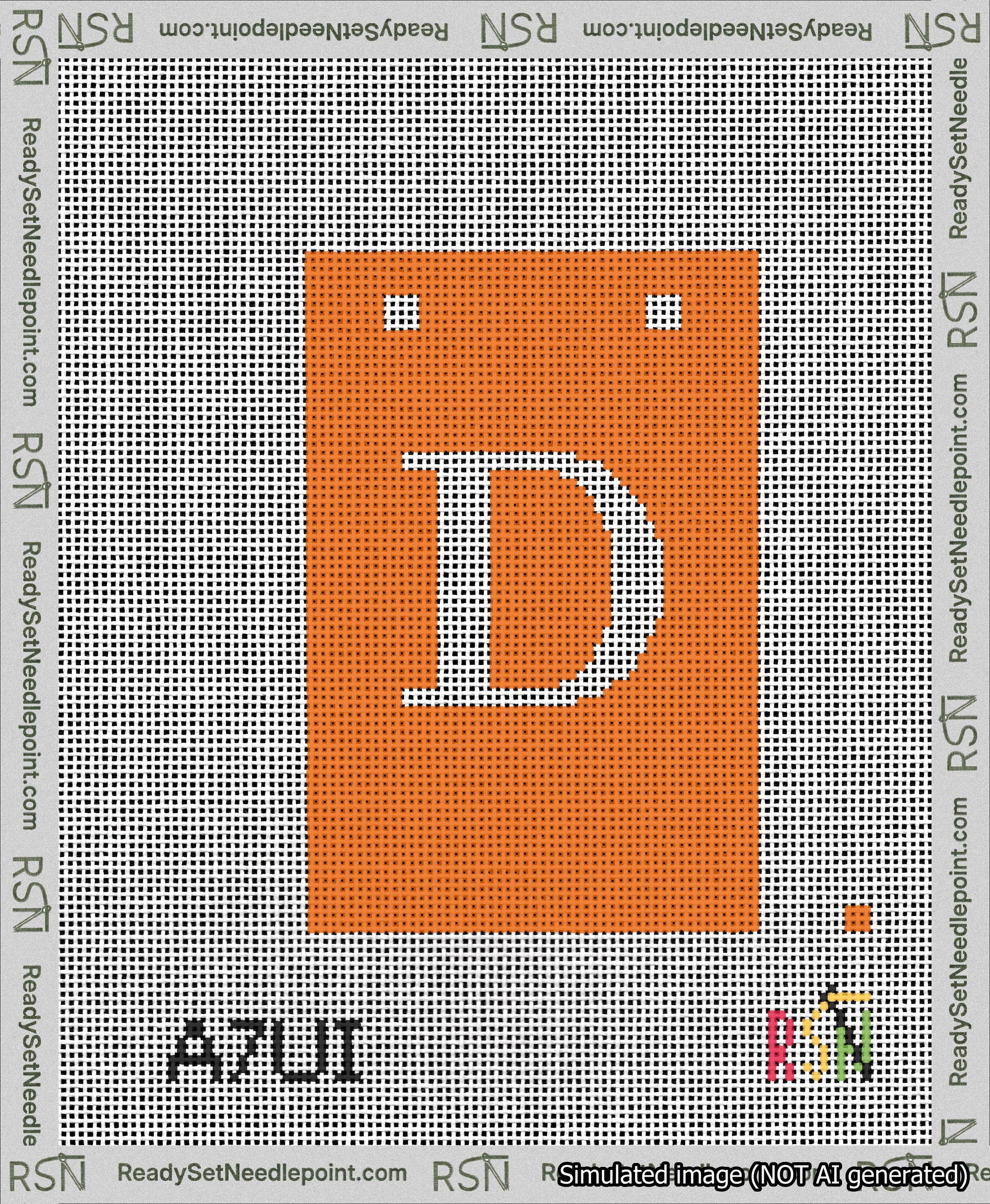 A taped needlepoint canvas with the design: Banner 13 mesh count Squared D White on Orange.