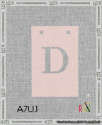 A taped needlepoint canvas with the design: Banner 13 mesh count Squared D White on Pink.