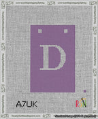 A taped needlepoint canvas with the design: Banner 13 mesh count Squared D White on Purple.