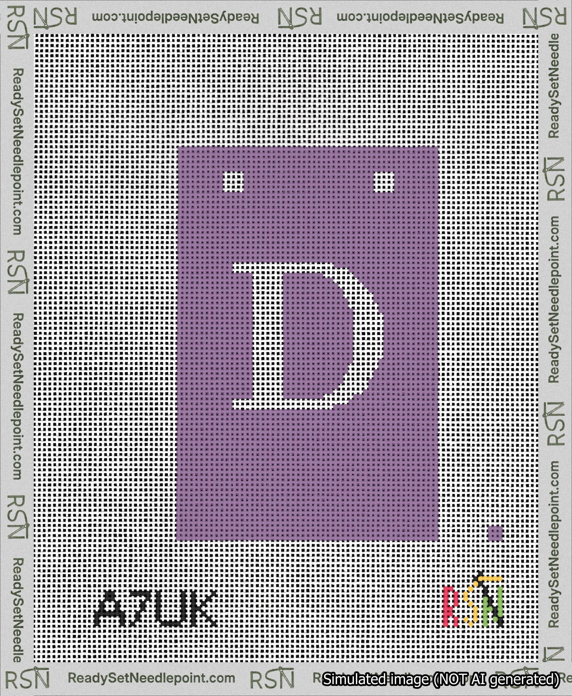 A taped needlepoint canvas with the design: Banner 13 mesh count Squared D White on Purple.