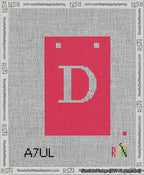 A taped needlepoint canvas with the design: Banner 13 mesh count Squared D White on Red.