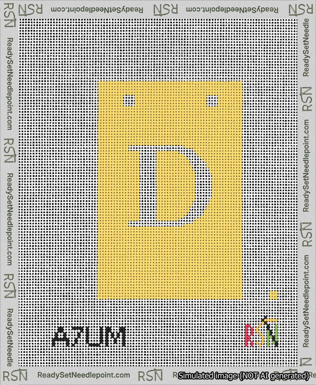 A taped needlepoint canvas with the design: Banner 13 mesh count Squared D White on Yellow.
