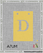 A taped needlepoint canvas with the design: Banner 13 mesh count Squared D White on Yellow.