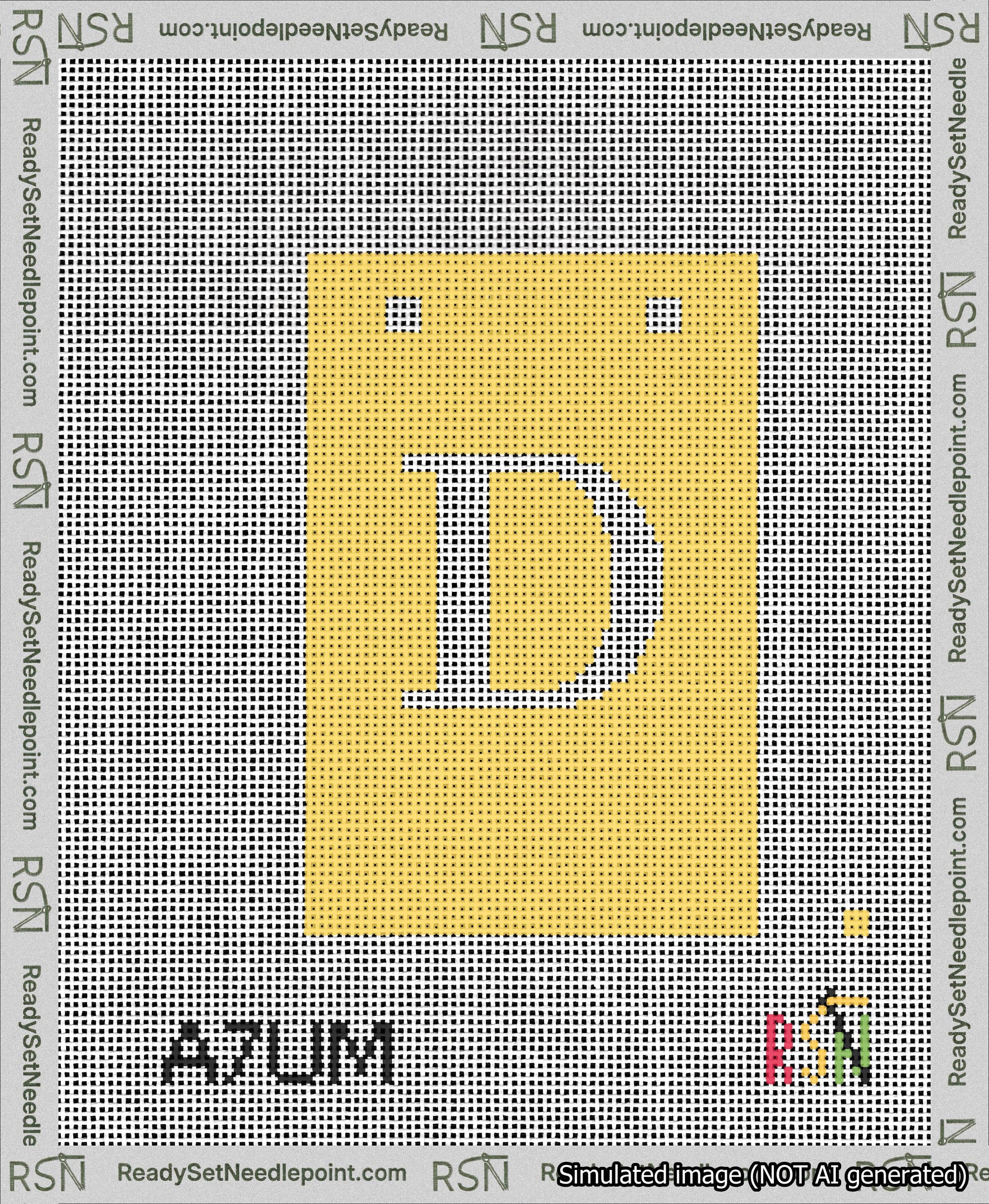 A taped needlepoint canvas with the design: Banner 13 mesh count Squared D White on Yellow.