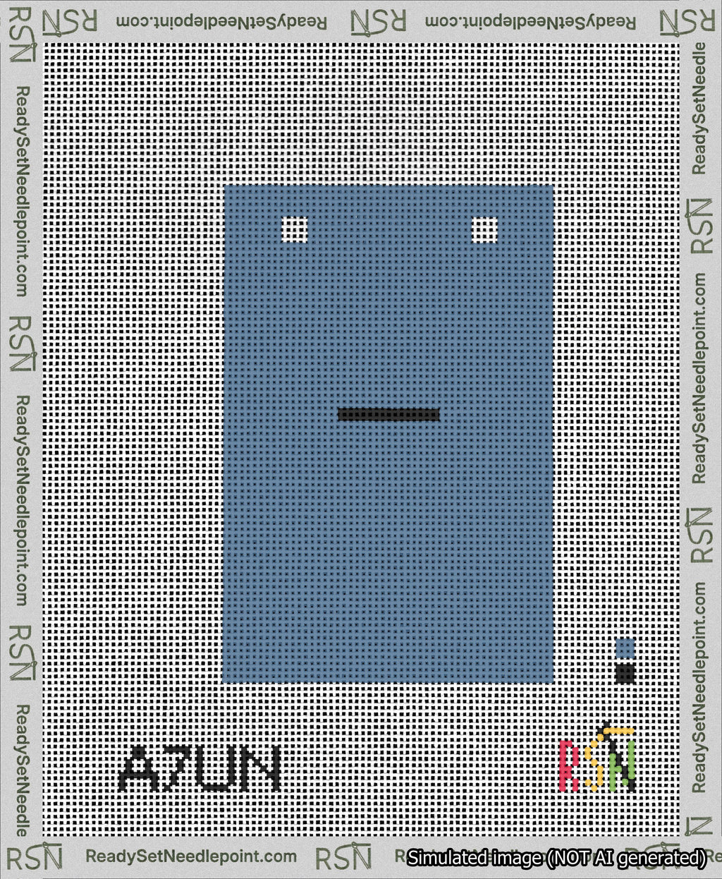 A taped needlepoint canvas with the design: Banner 13 mesh count Squared Dash Black on Blue.