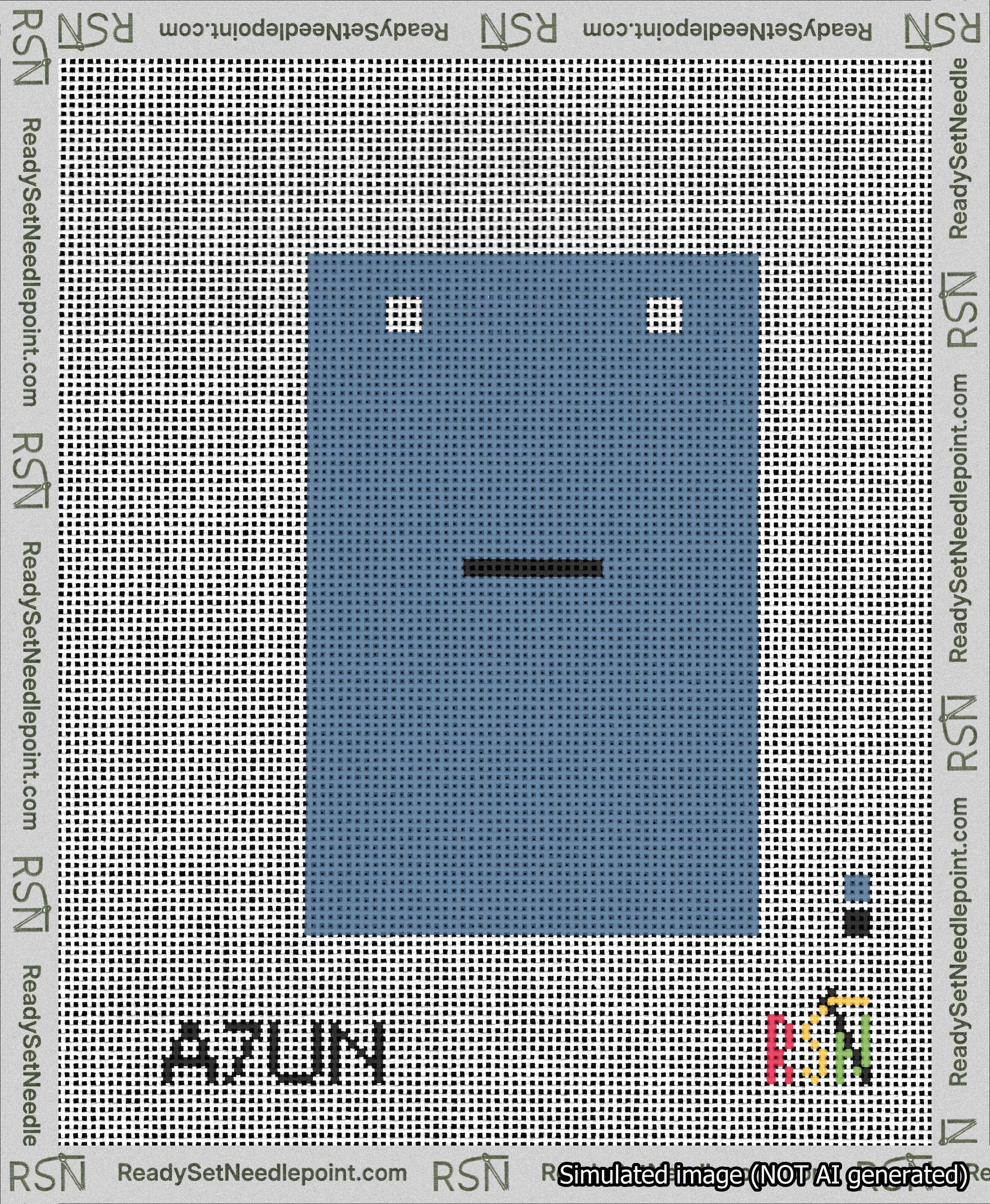 A taped needlepoint canvas with the design: Banner 13 mesh count Squared Dash Black on Blue.