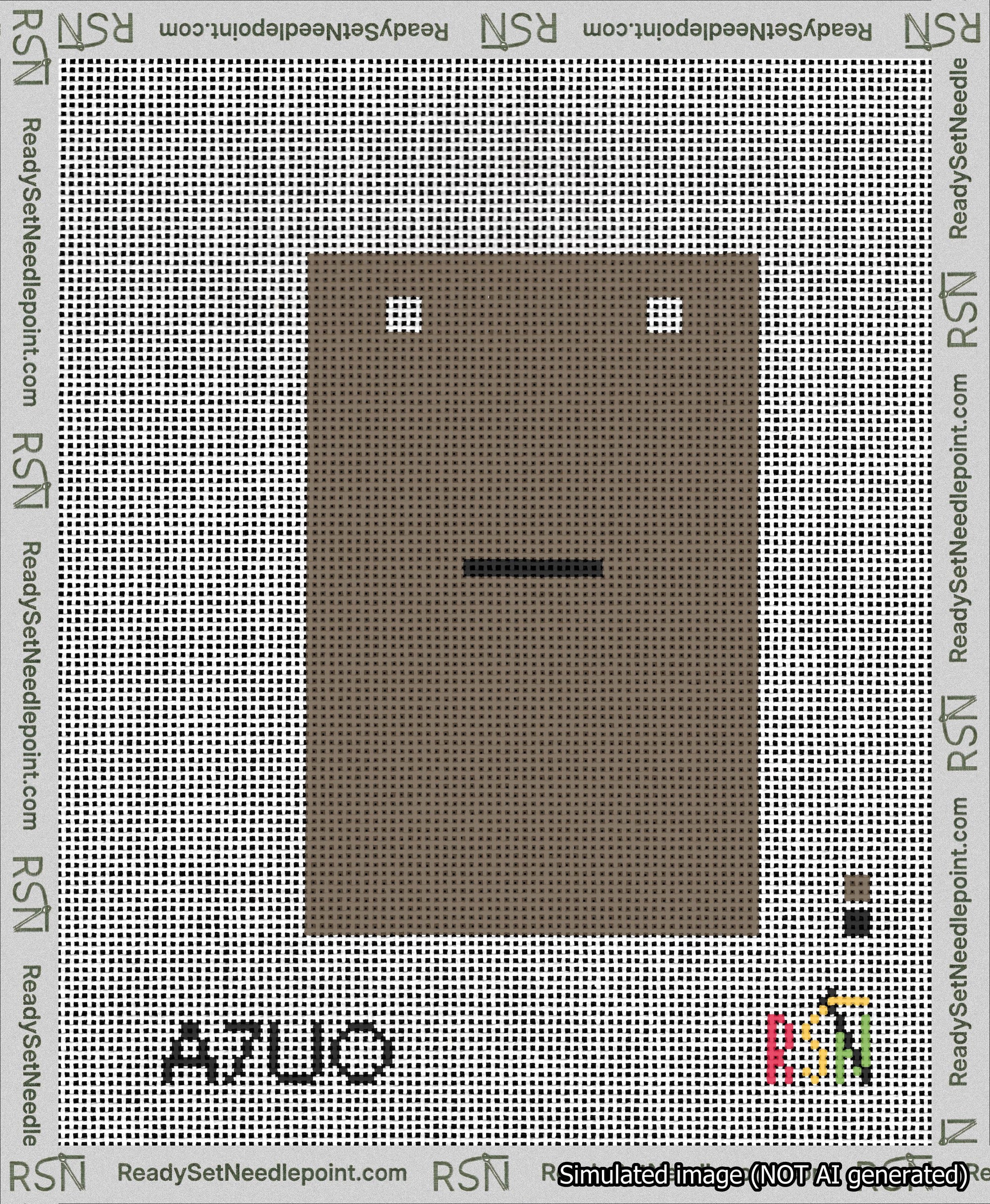 A taped needlepoint canvas with the design: Banner 13 mesh count Squared Dash Black on Brown.