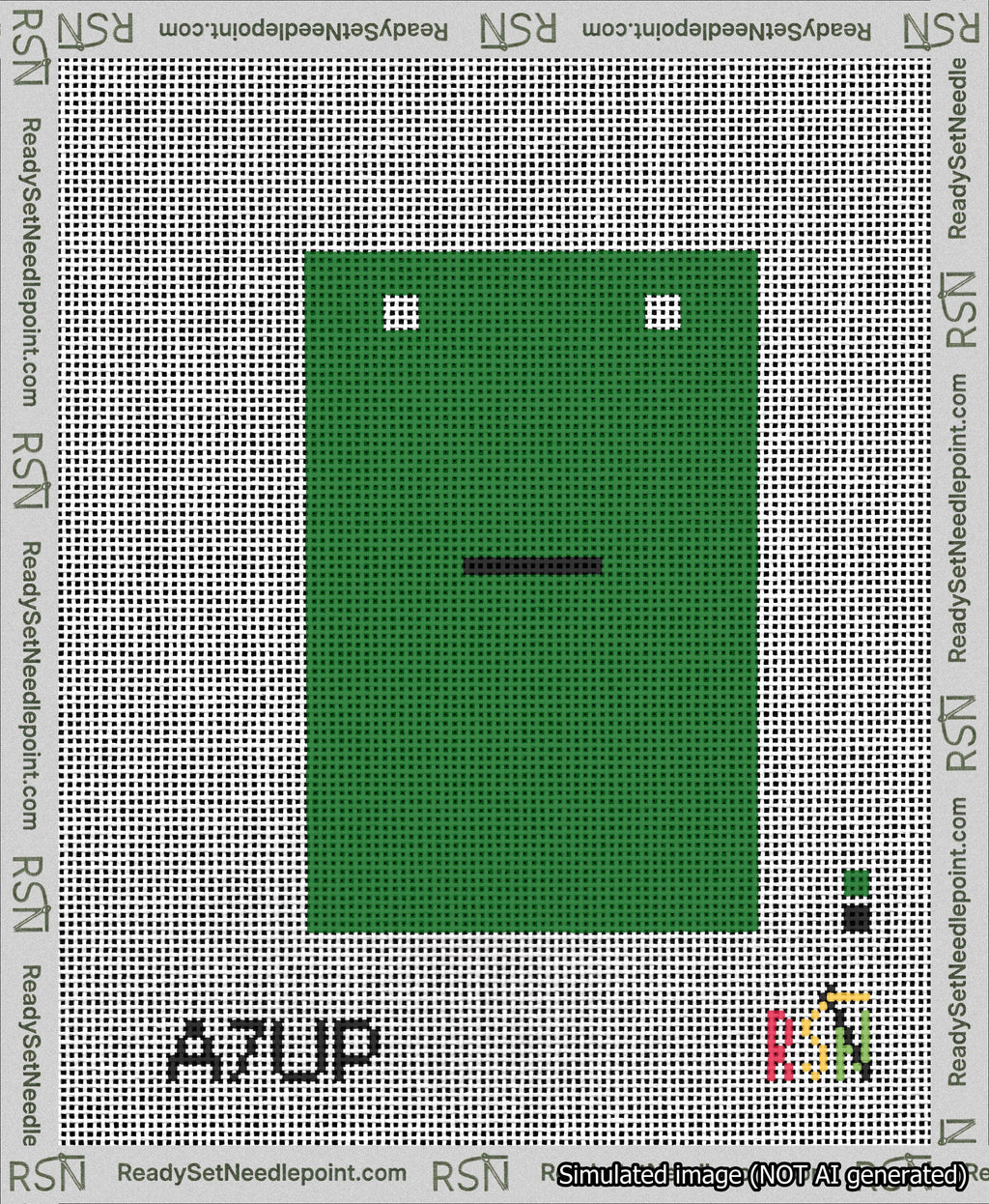 A taped needlepoint canvas with the design: Banner 13 mesh count Squared Dash Black on Green.