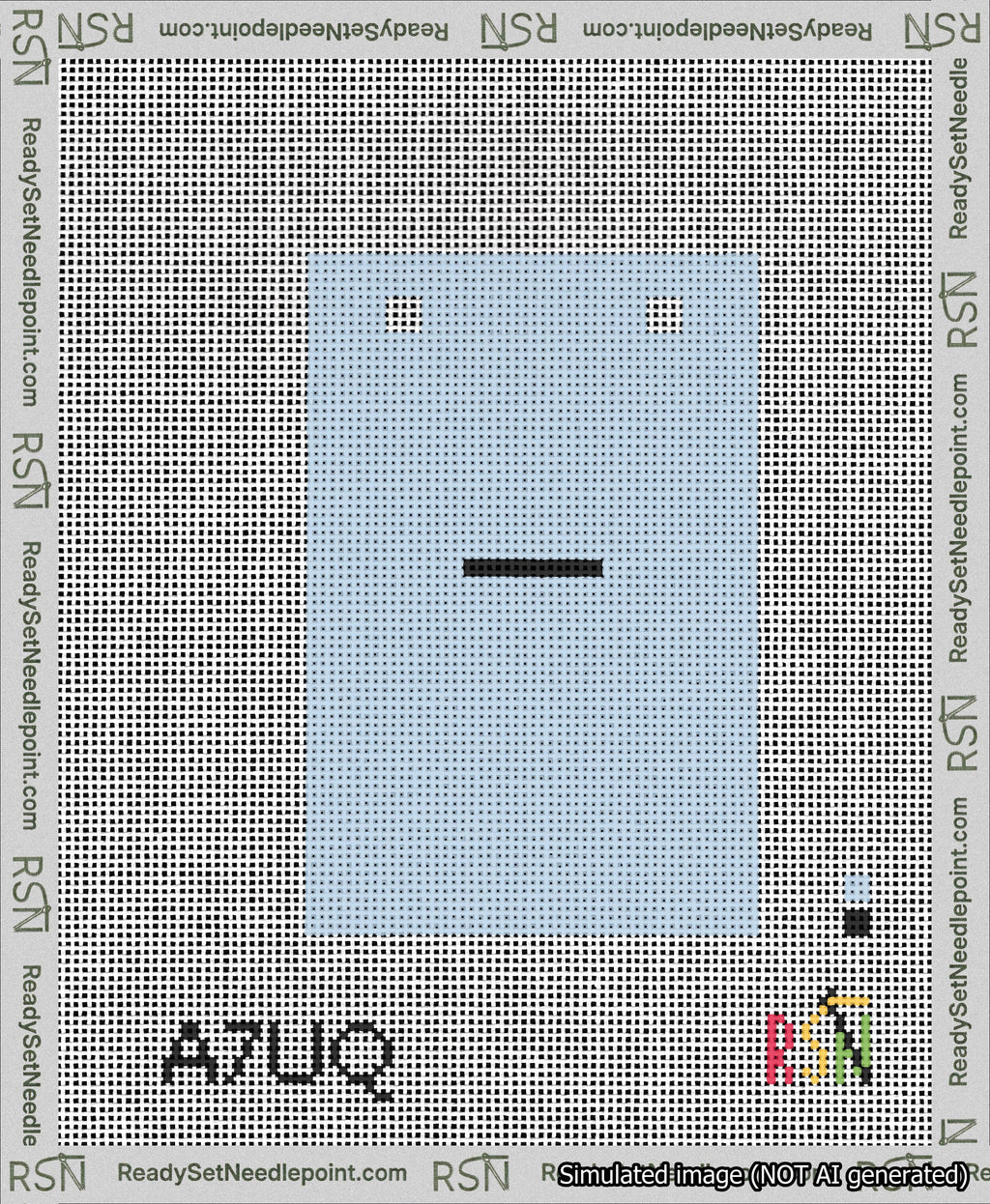 A taped needlepoint canvas with the design: Banner 13 mesh count Squared Dash Black on Light Blue.