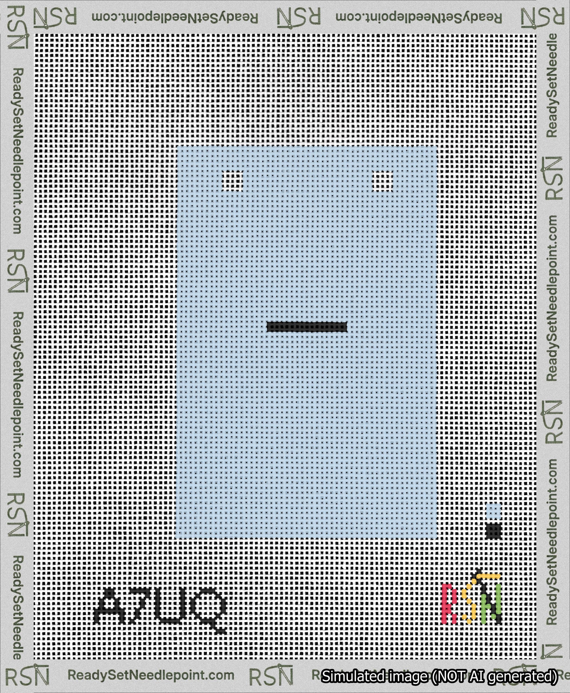 A taped needlepoint canvas with the design: Banner 13 mesh count Squared Dash Black on Light Blue.