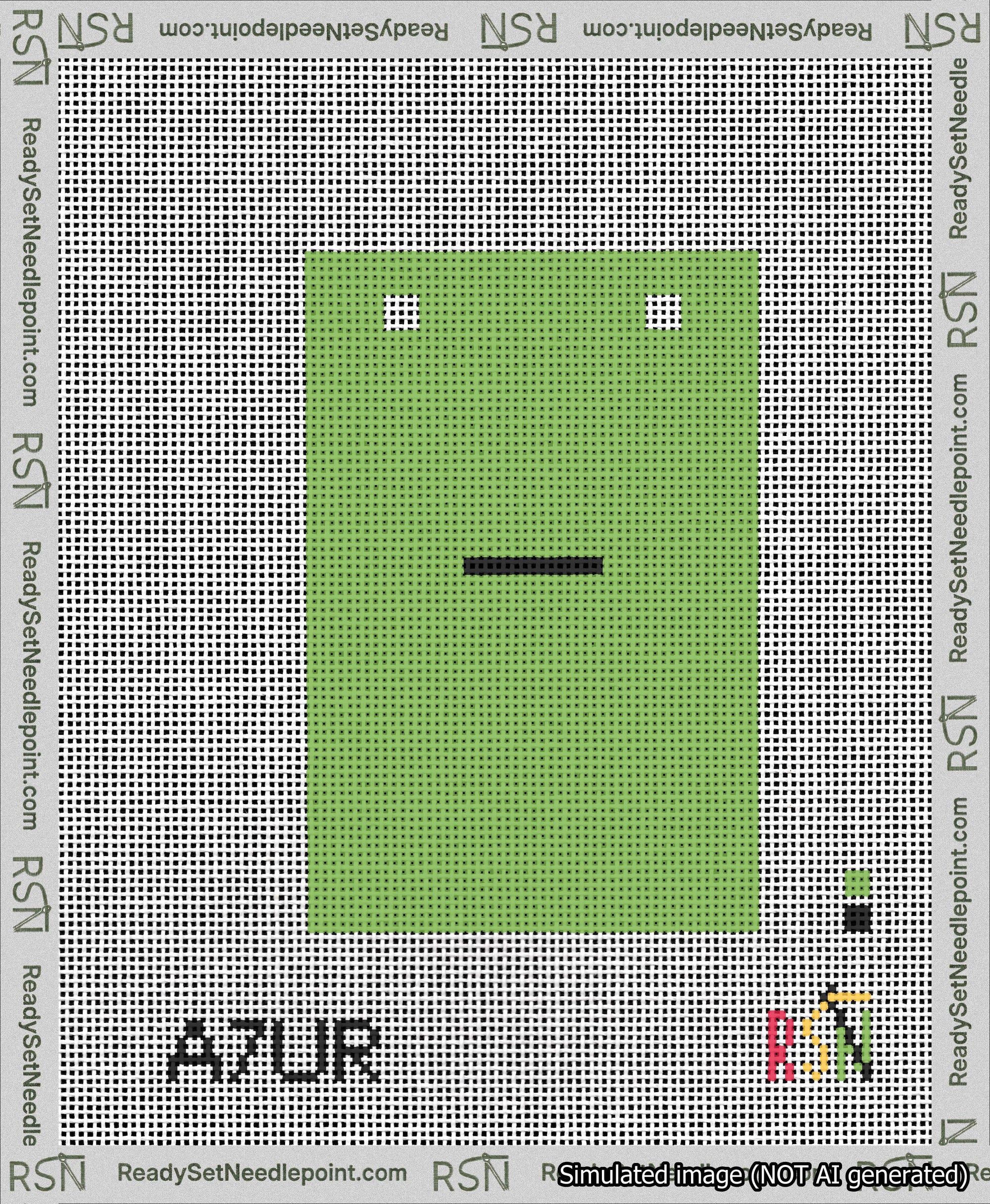 A taped needlepoint canvas with the design: Banner 13 mesh count Squared Dash Black on Light Green.