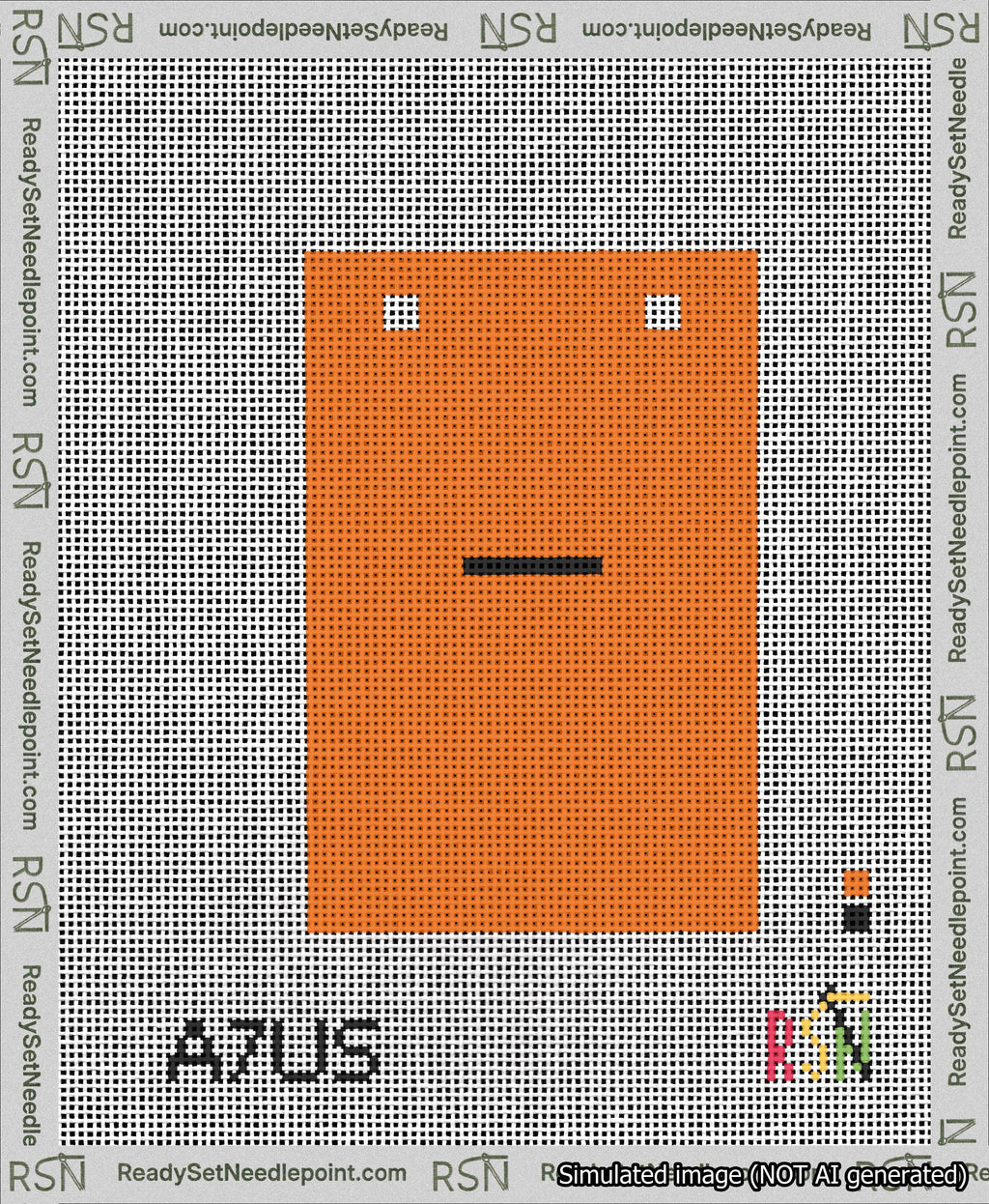 A taped needlepoint canvas with the design: Banner 13 mesh count Squared Dash Black on Orange.