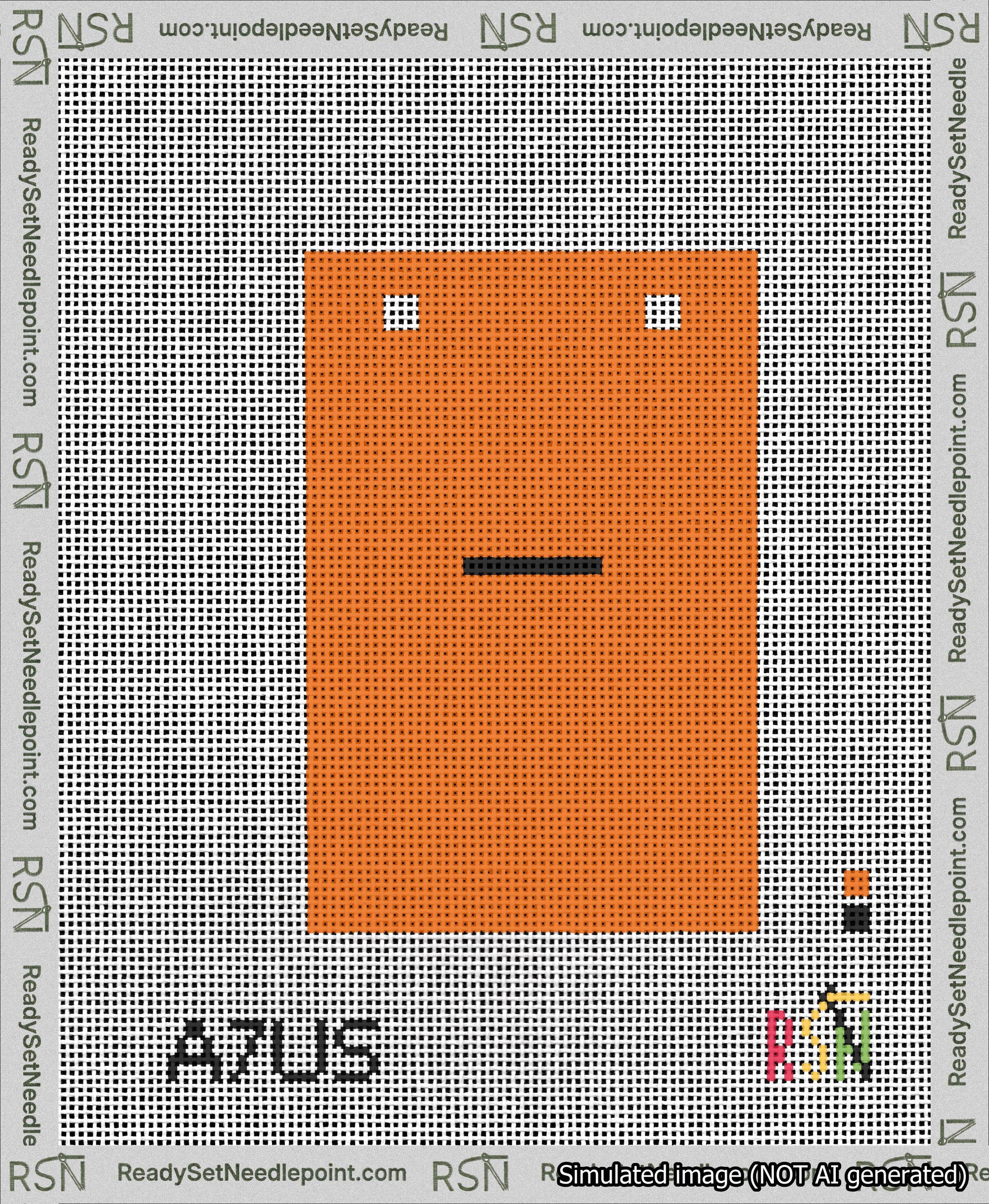 A taped needlepoint canvas with the design: Banner 13 mesh count Squared Dash Black on Orange.