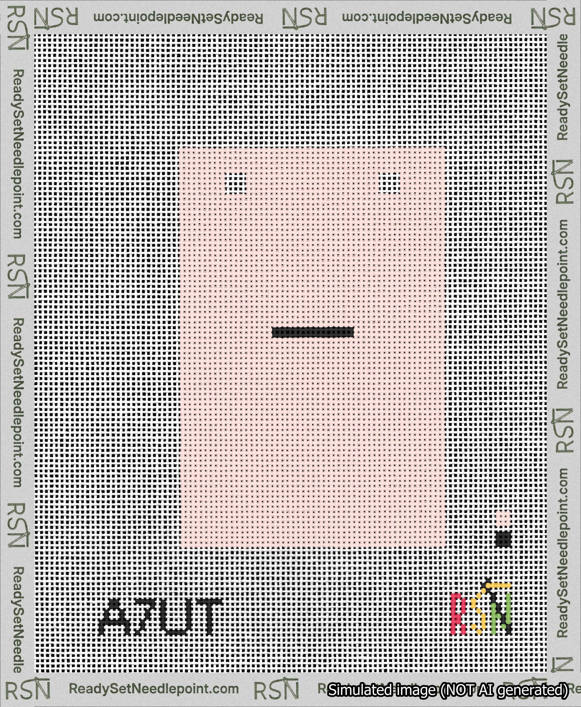 A taped needlepoint canvas with the design: Banner 13 mesh count Squared Dash Black on Pink.