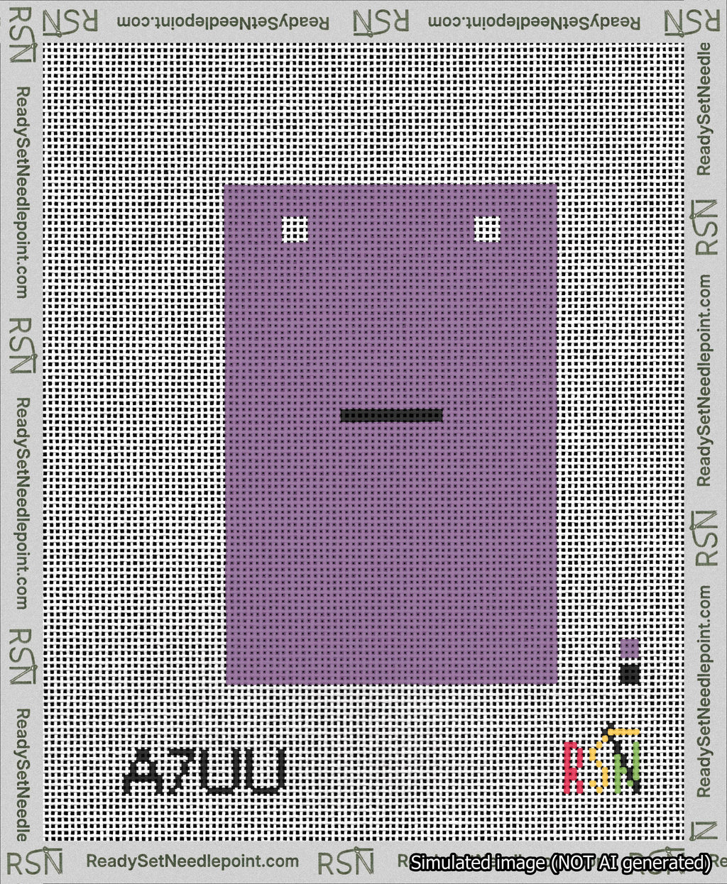 A taped needlepoint canvas with the design: Banner 13 mesh count Squared Dash Black on Purple.