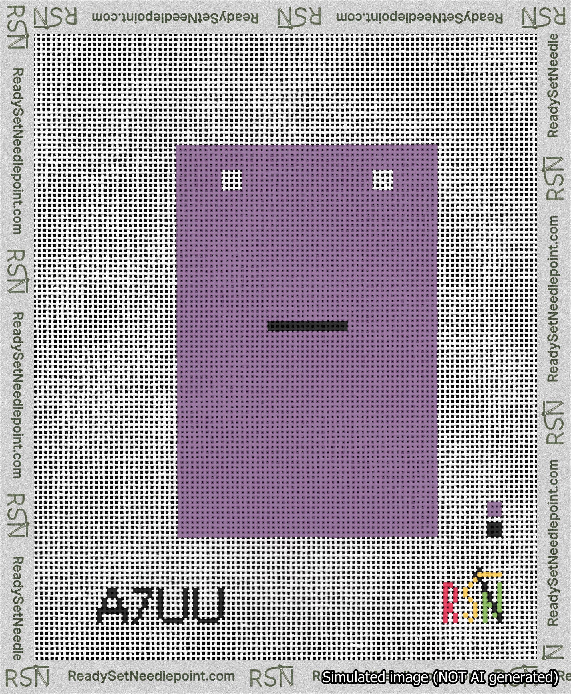 A taped needlepoint canvas with the design: Banner 13 mesh count Squared Dash Black on Purple.