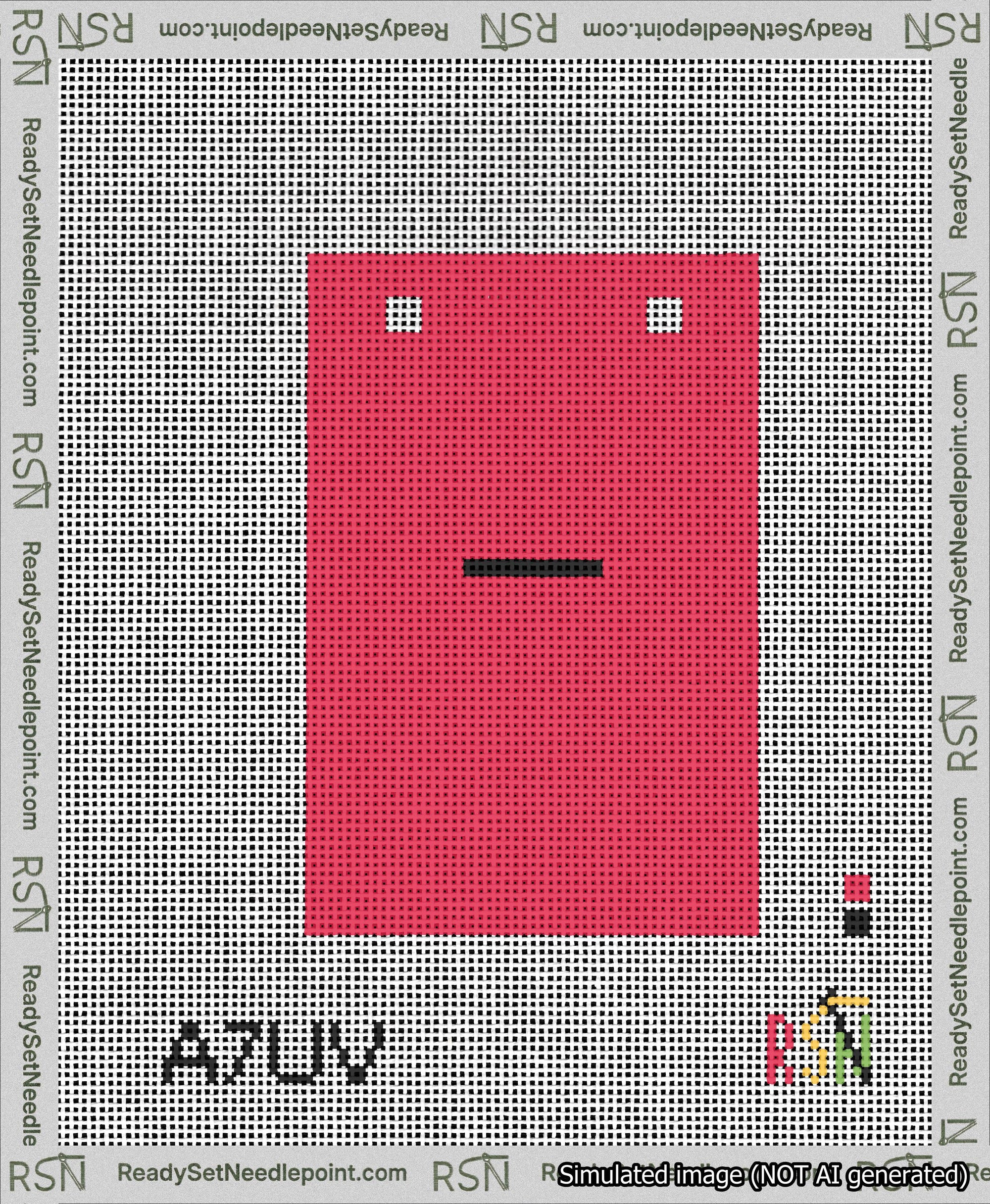 A taped needlepoint canvas with the design: Banner 13 mesh count Squared Dash Black on Red.