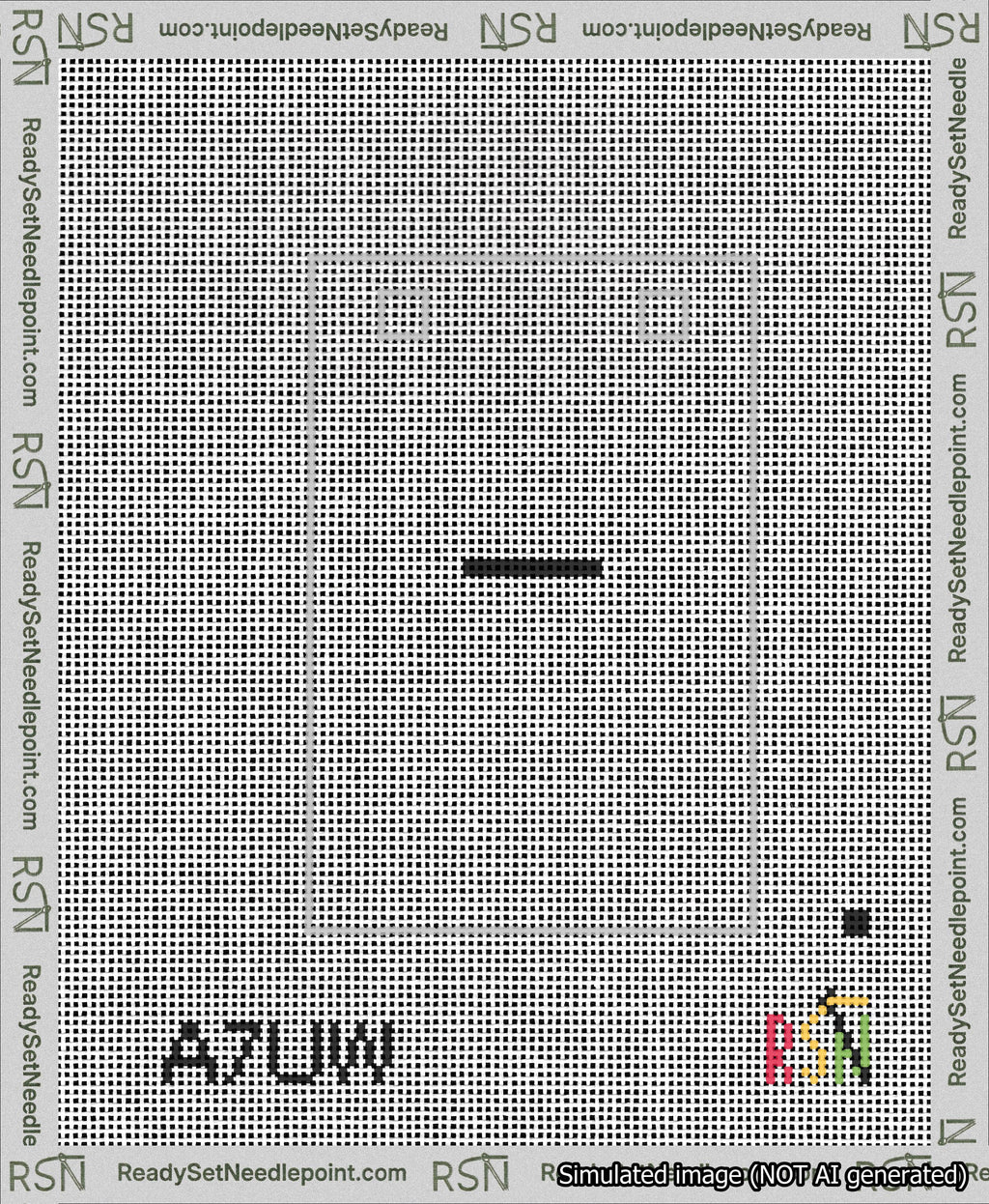 A taped needlepoint canvas with the design: Banner 13 mesh count Squared Dash Black on White.