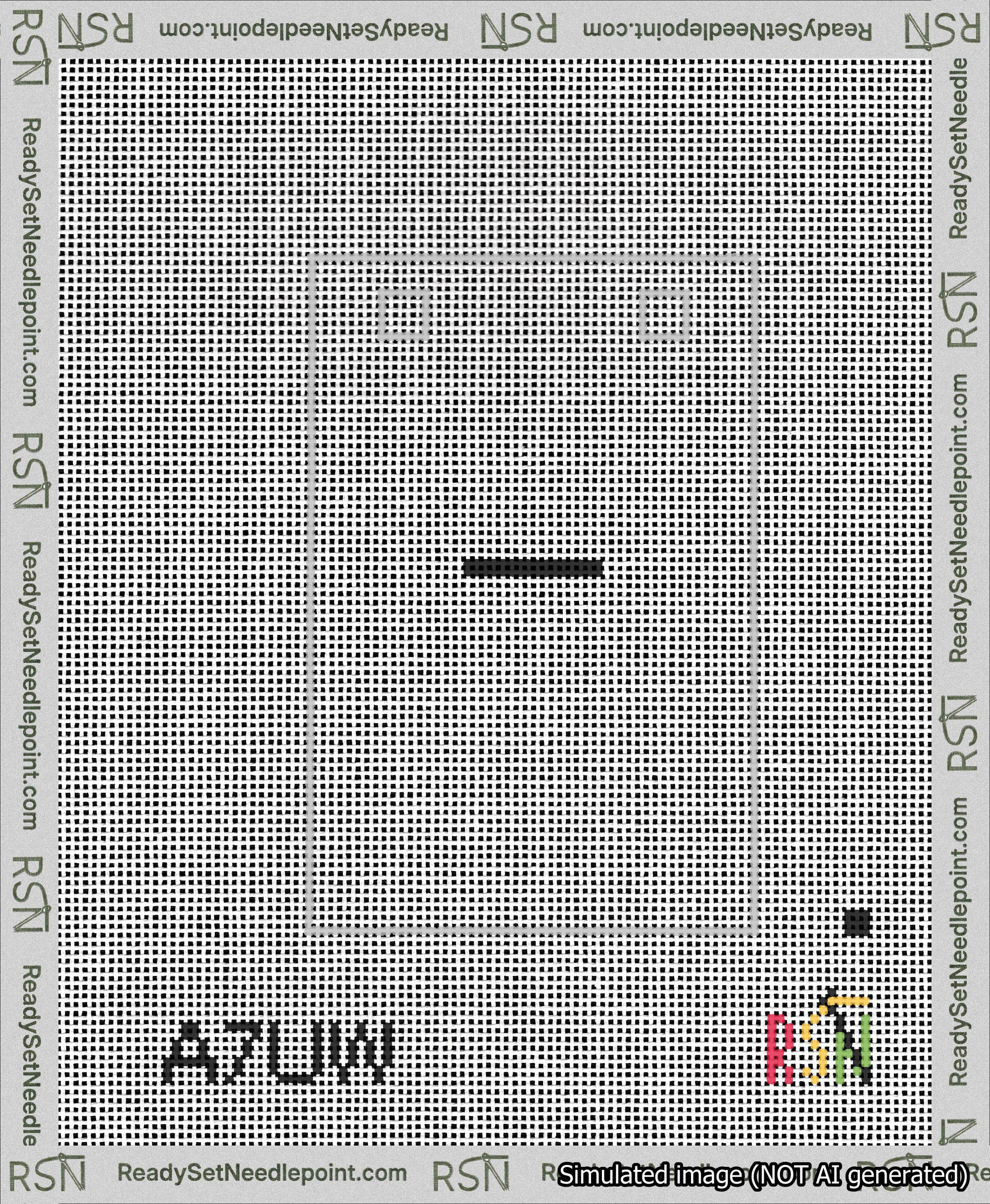 A taped needlepoint canvas with the design: Banner 13 mesh count Squared Dash Black on White.