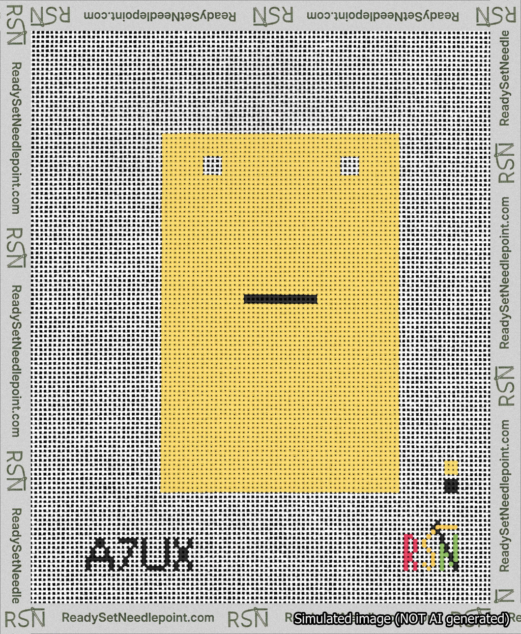 A taped needlepoint canvas with the design: Banner 13 mesh count Squared Dash Black on Yellow.