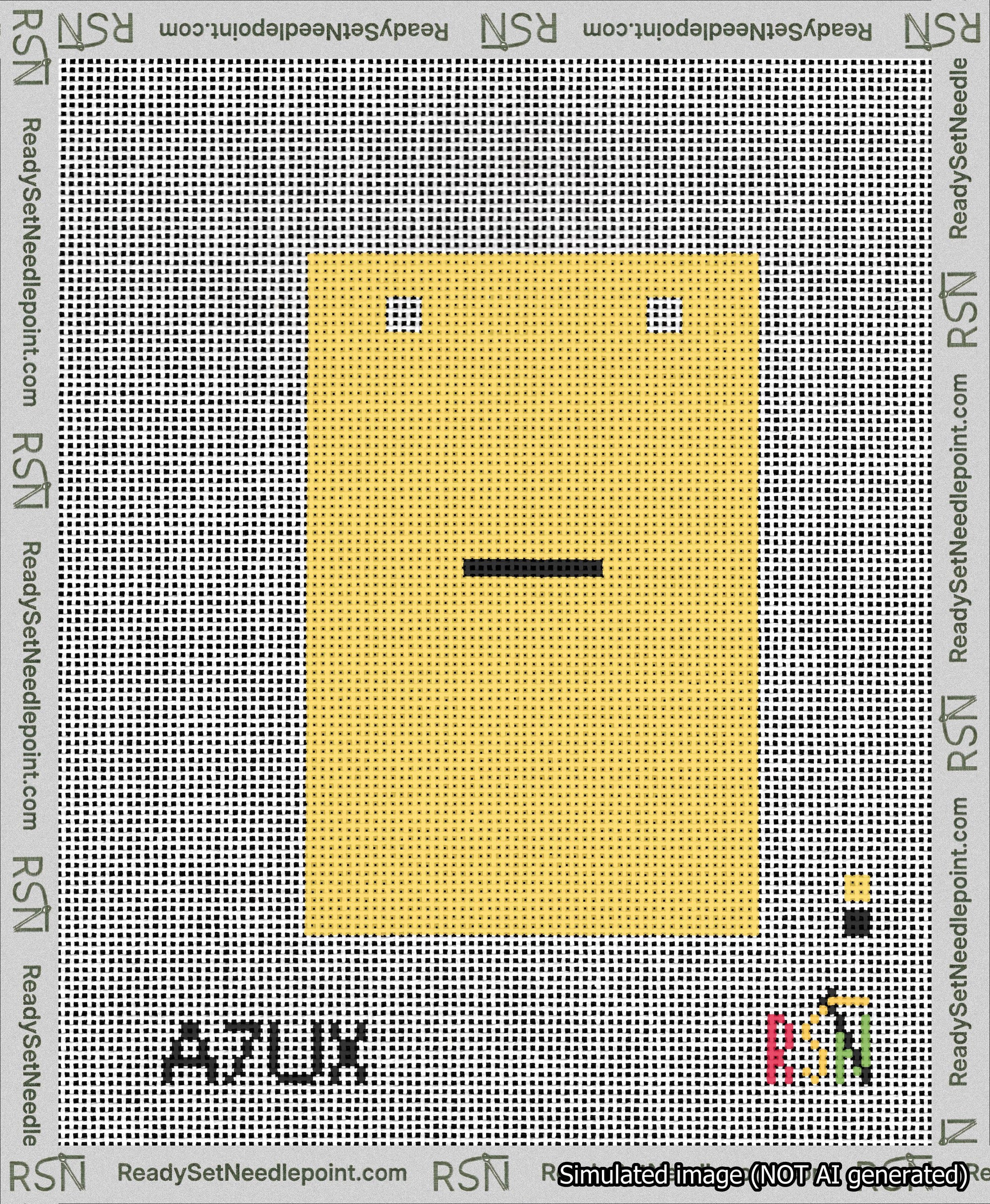 A taped needlepoint canvas with the design: Banner 13 mesh count Squared Dash Black on Yellow.