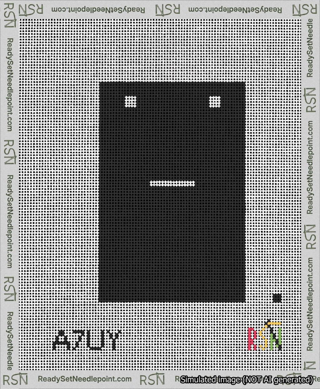 A taped needlepoint canvas with the design: Banner 13 mesh count Squared Dash White on Black.