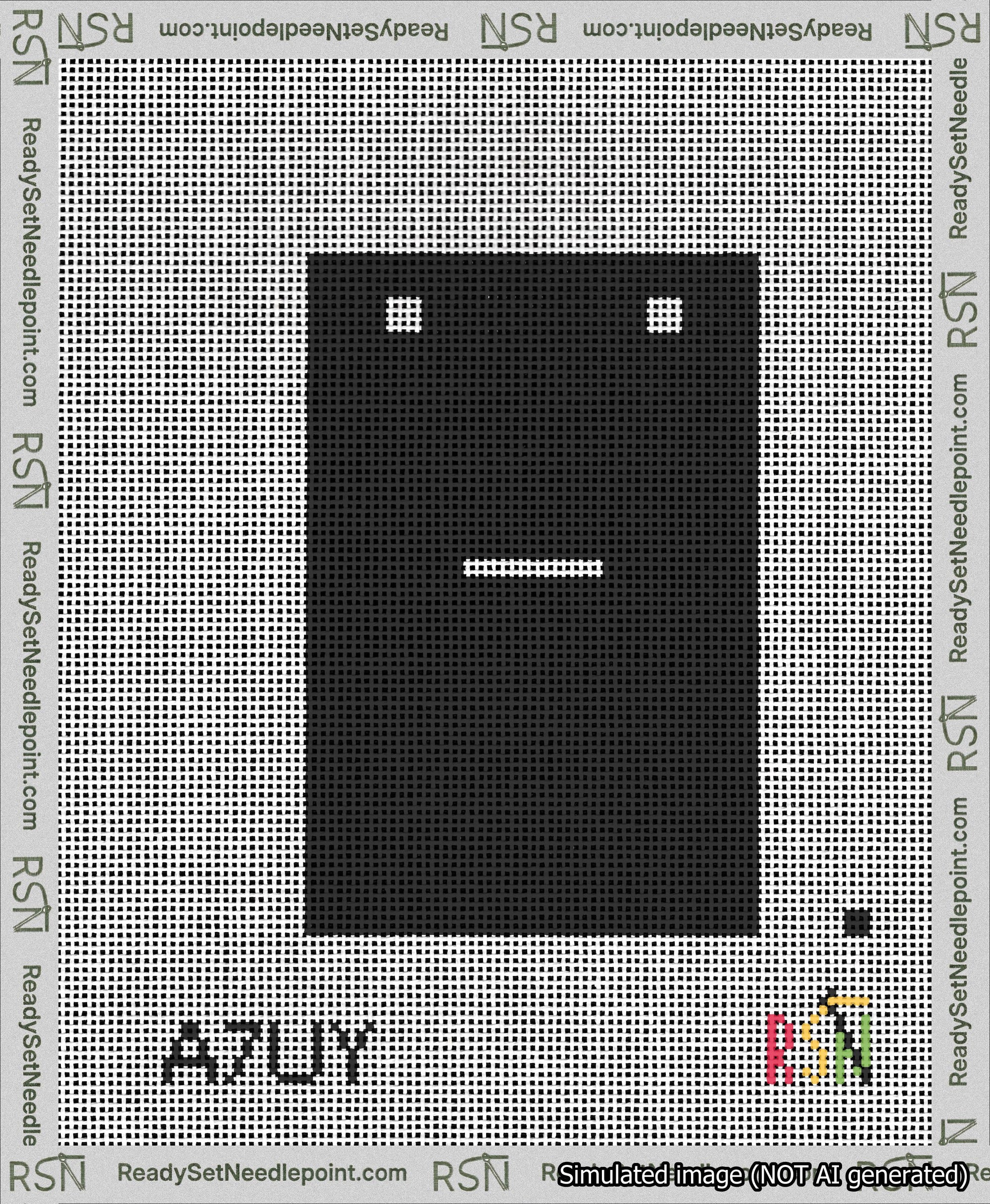 A taped needlepoint canvas with the design: Banner 13 mesh count Squared Dash White on Black.