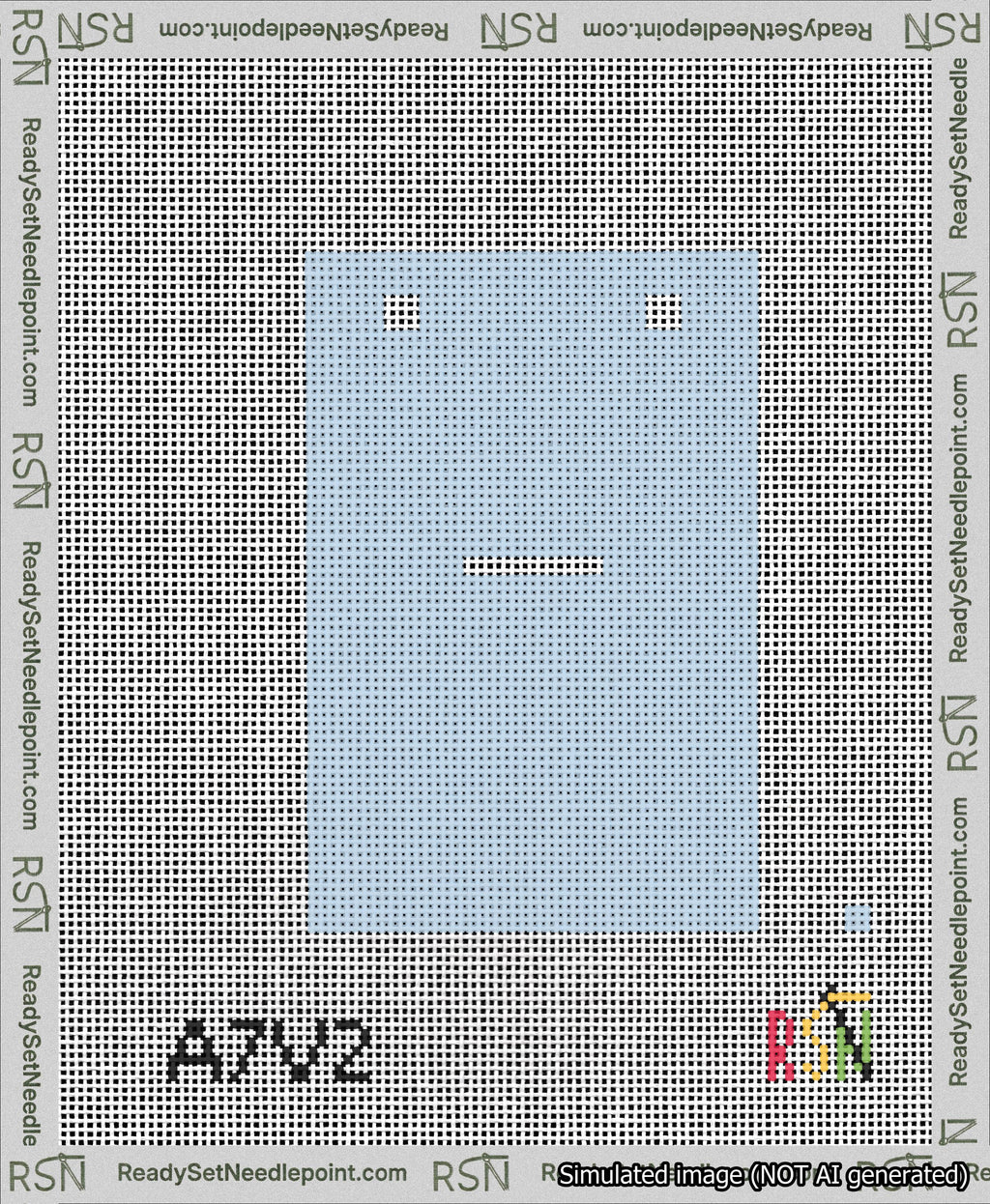 A taped needlepoint canvas with the design: Banner 13 mesh count Squared Dash White on Light Blue.