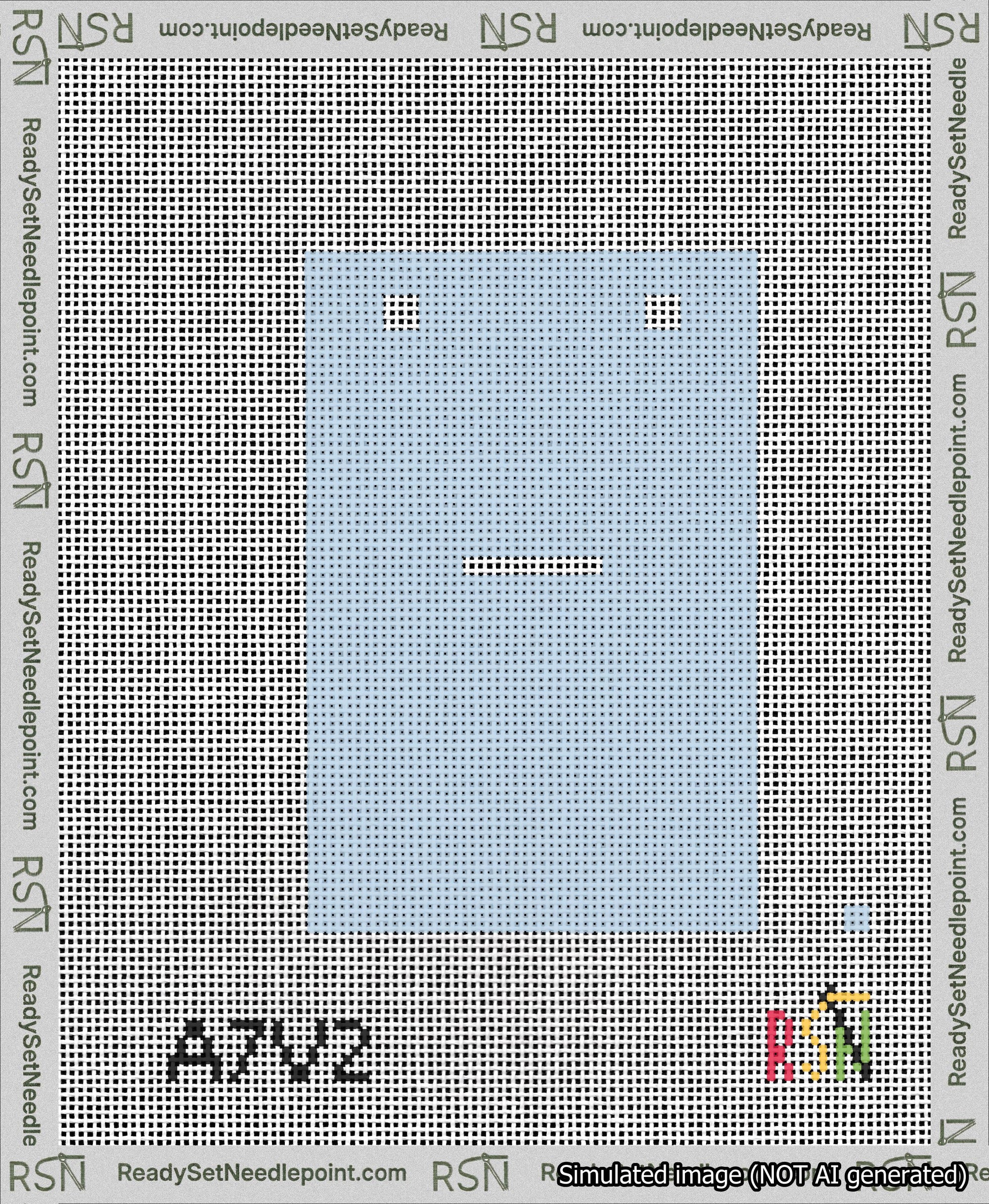 A taped needlepoint canvas with the design: Banner 13 mesh count Squared Dash White on Light Blue.