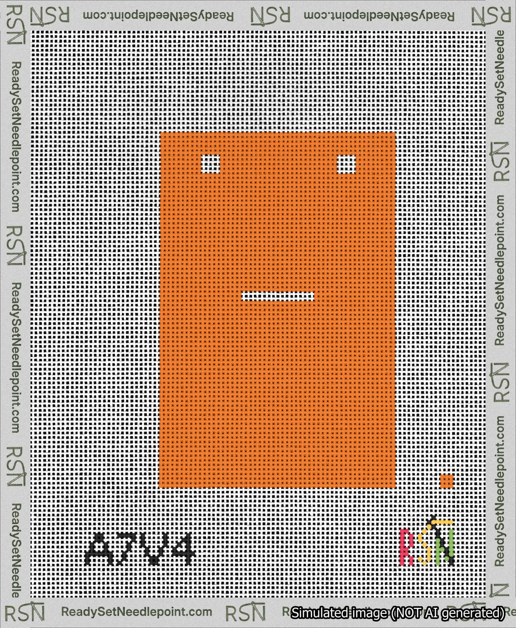 A taped needlepoint canvas with the design: Banner 13 mesh count Squared Dash White on Orange.