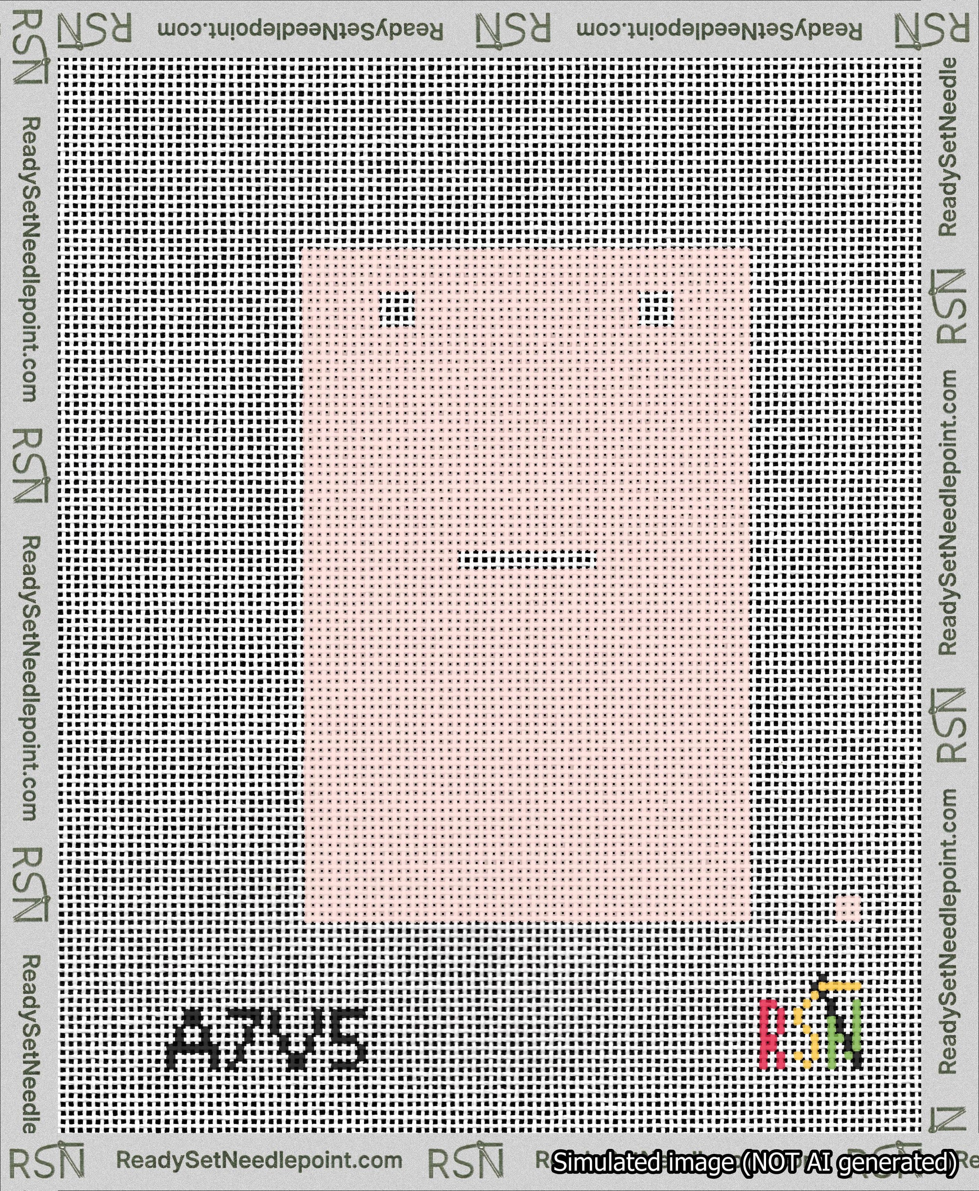 A taped needlepoint canvas with the design: Banner 13 mesh count Squared Dash White on Pink.