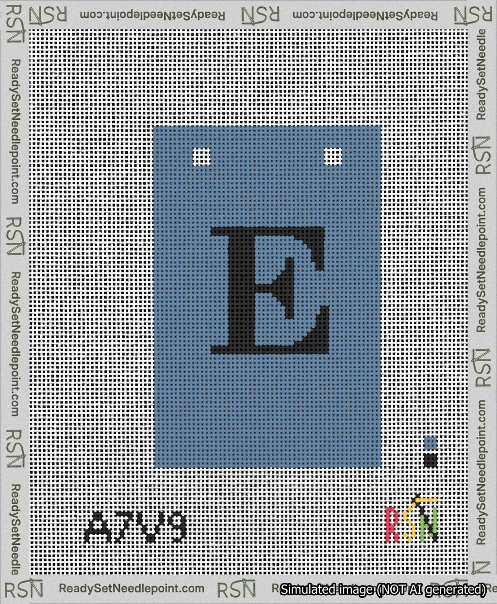 A taped needlepoint canvas with the design: Banner 13 mesh count Squared E Black on Blue.
