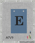 A taped needlepoint canvas with the design: Banner 13 mesh count Squared E Black on Blue.