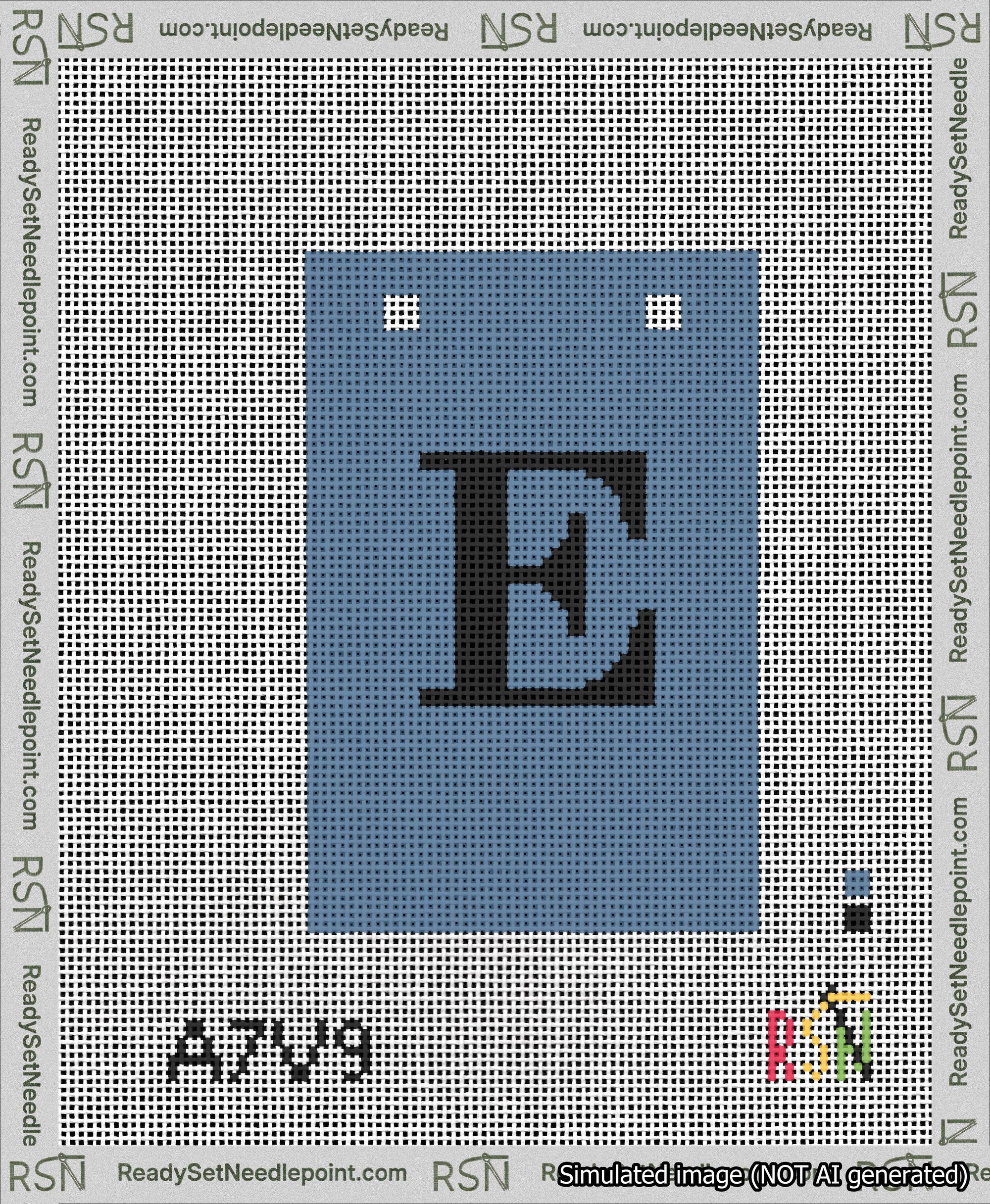 A taped needlepoint canvas with the design: Banner 13 mesh count Squared E Black on Blue.