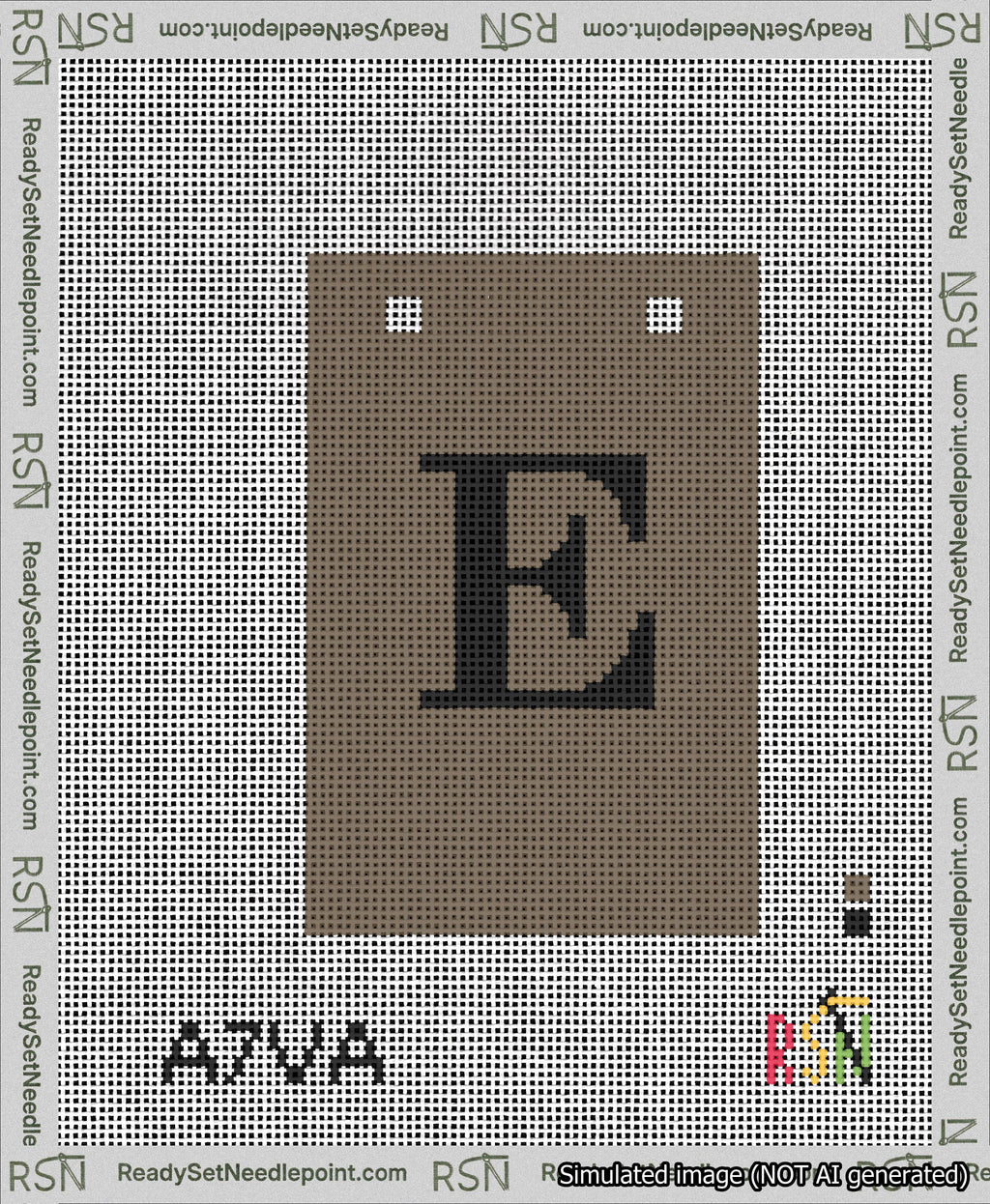 A taped needlepoint canvas with the design: Banner 13 mesh count Squared E Black on Brown.