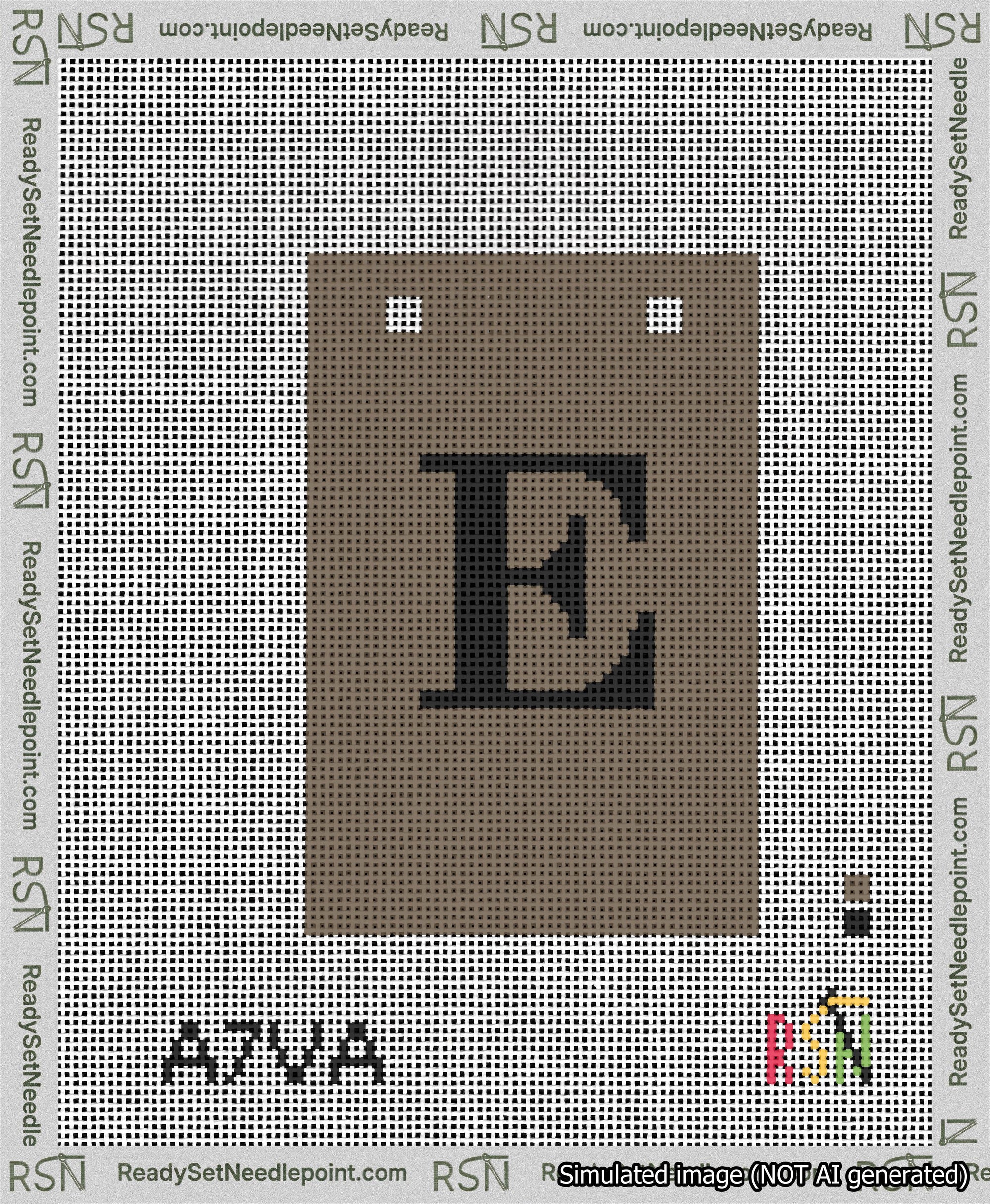 A taped needlepoint canvas with the design: Banner 13 mesh count Squared E Black on Brown.