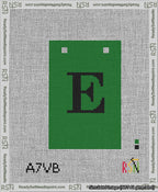 A taped needlepoint canvas with the design: Banner 13 mesh count Squared E Black on Green.