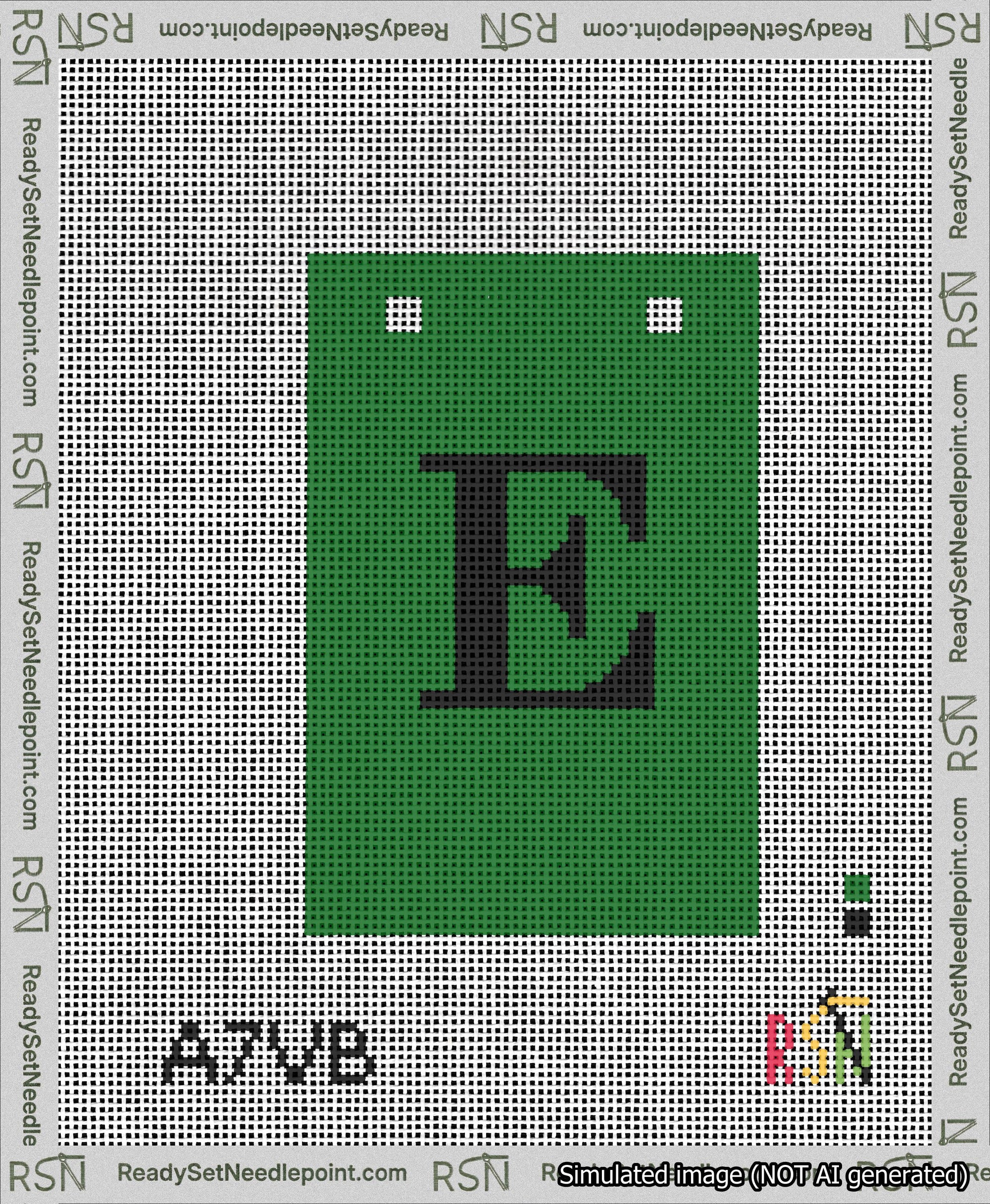 A taped needlepoint canvas with the design: Banner 13 mesh count Squared E Black on Green.