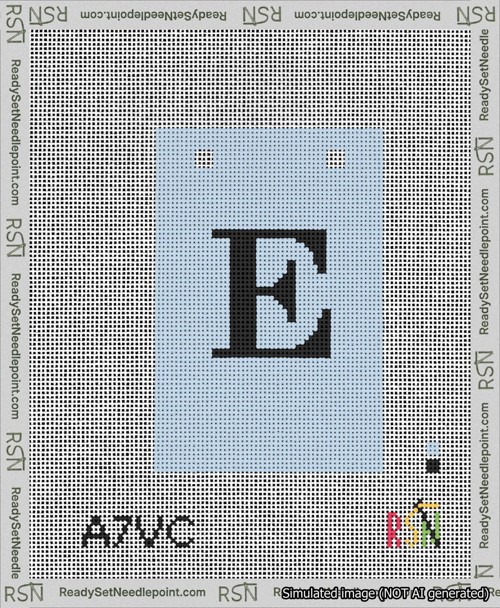 A taped needlepoint canvas with the design: Banner 13 mesh count Squared E Black on Light Blue.