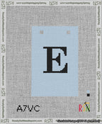 A taped needlepoint canvas with the design: Banner 13 mesh count Squared E Black on Light Blue.