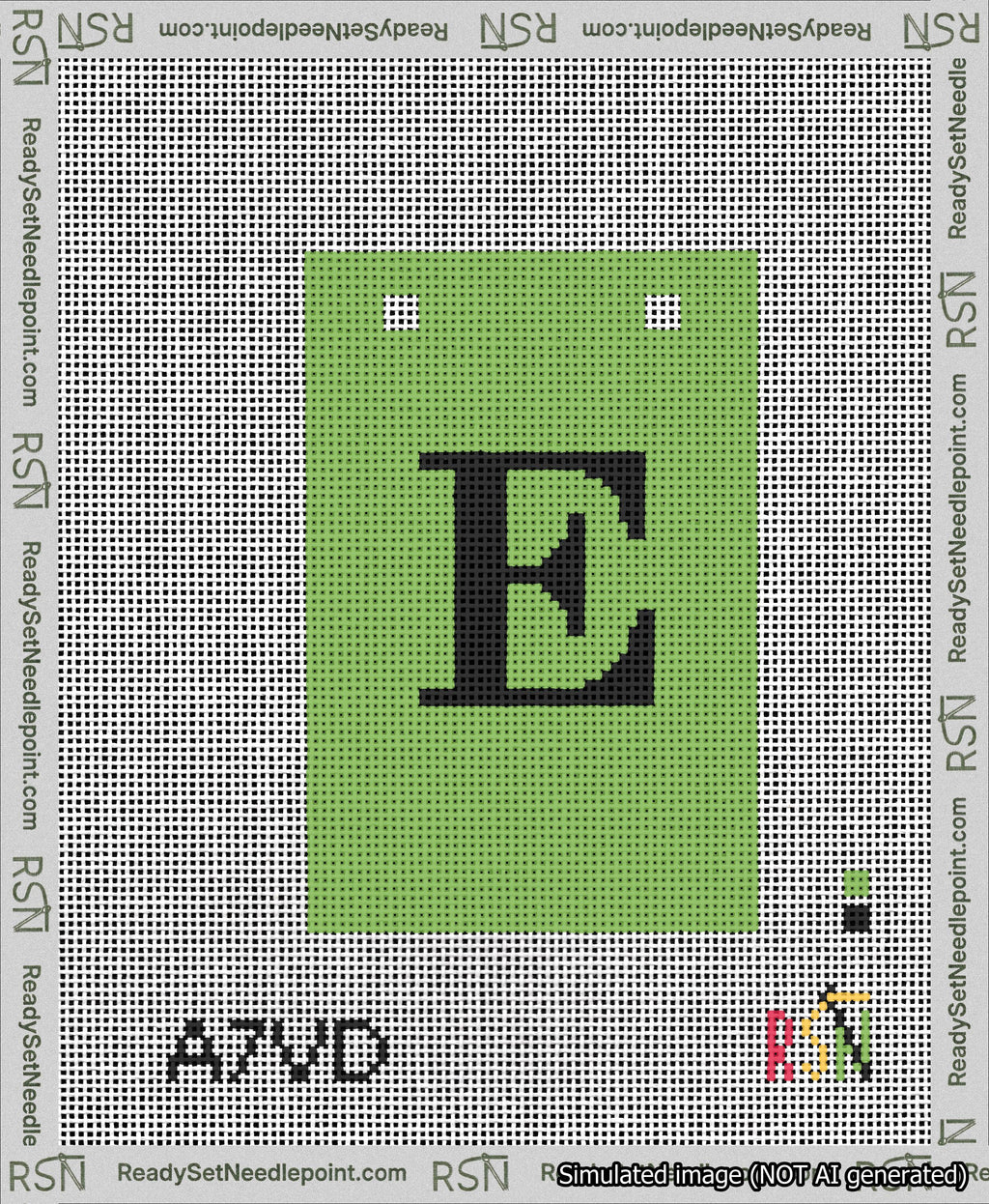 A taped needlepoint canvas with the design: Banner 13 mesh count Squared E Black on Light Green.